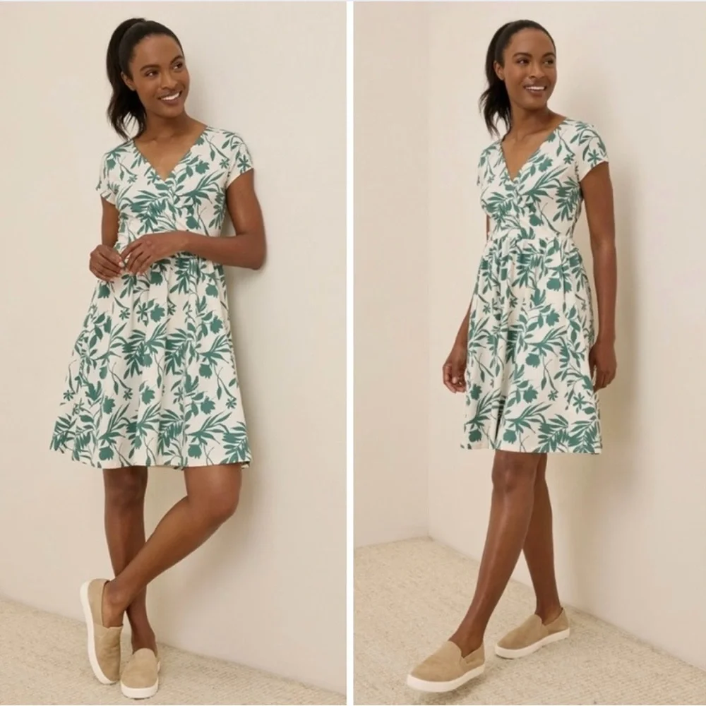 Pact NWOT Organic Cotton Fit & Flare Crossover Tropical Palm Summer Dress Small - Picture 2 of 16